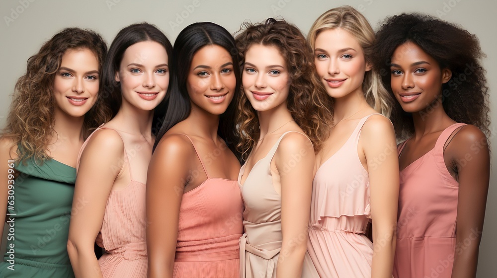 Portrait diversity beauty women with skincare smile and happy models, different and empowerment with motivation against studio background Portrait diversity beauty women with skincare smile and happy models, different and empowerment with motivation against studio background