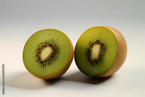 Kiwi fruit in half sliced on white background, in the style of creative commons attribution photo