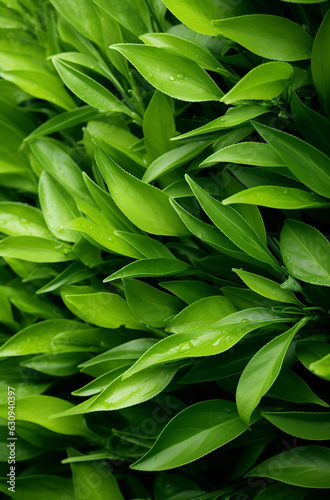 Some large green leaves surrounding some green tea, in the style of delicate markings
