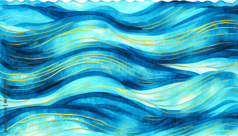 Lake ocean water wave copy space for text. Blue, teal, calm cartoon river ripples illustration for pool swim party or lake camping, ocean beach travel. Web banner, backdrop, background graphic.