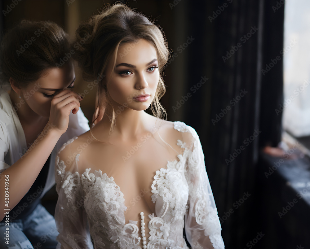 Fototapeta premium Brides last minute touches on wedding dress.