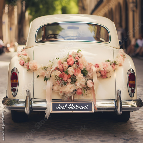  Classic Wedding Car with 'Just Married' Plate and Flower Decorations