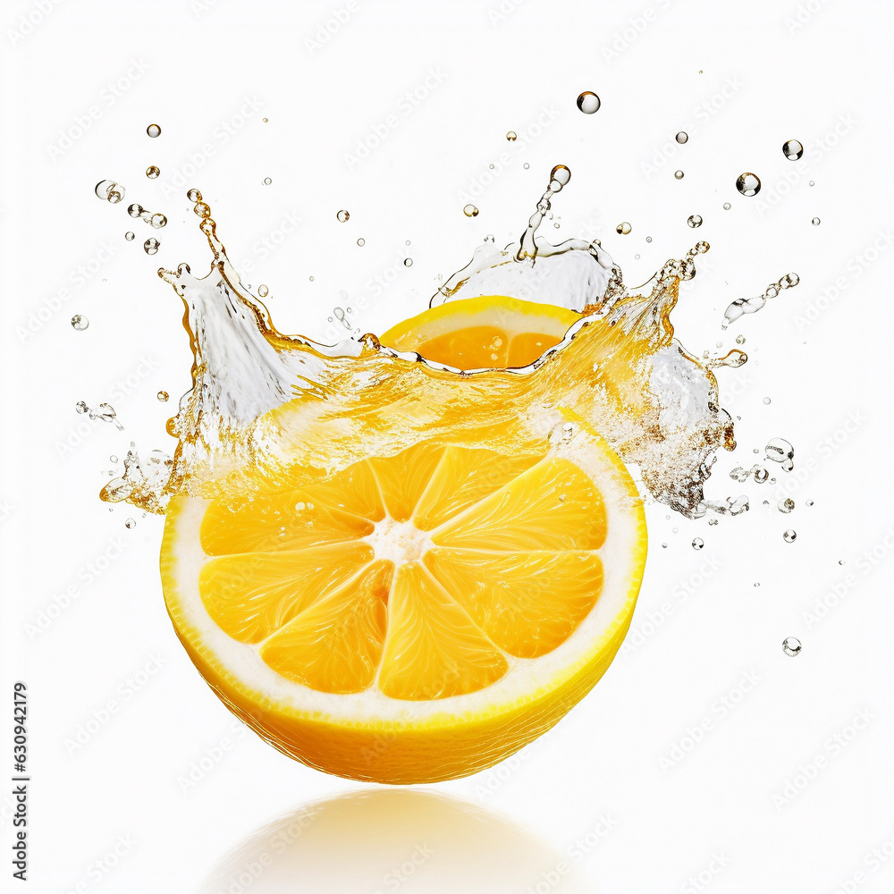 Lemon cut in half with juice splash on white background