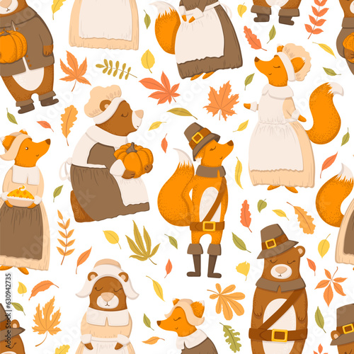 Vector seamless pattern with cute hand drawn cartoon foxes, bears, leaves and branches isolated on white background. Thanksgiving illustration for card print, wallpaper, poster