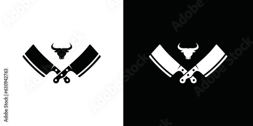 Butcher icon logo design, cow cutting design knife design for butchering animals and meat. Retro Vintage Butcher shop label with crossed machetes. Bucher Design Template.