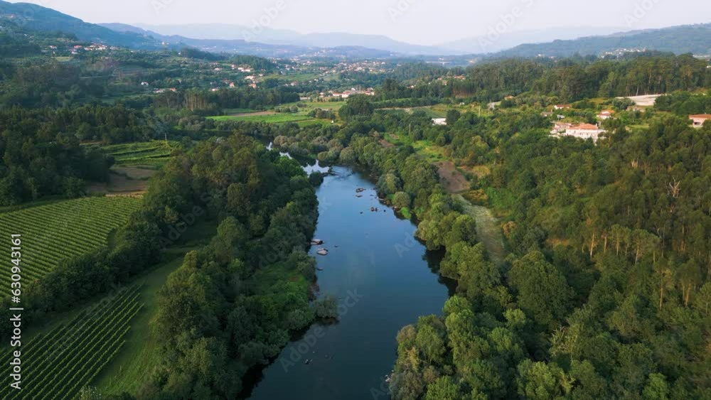 Aerial View Of Lima River And Rural Landscape In The Town Of Ponte de Lima In Portugal. Aerial View Of Lima River And Rural Landscape In The Town Of Ponte de Lima In Portugal.