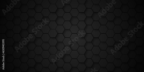 Background of abstract black hexagon background design a dark honeycomb grid pattern. Abstract octagons dark 3d background. Black geometric background for design. 