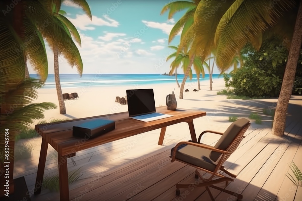 Wooden table with computer and chair on tropical beach. 3d render