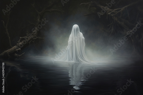 An image of a white lady ghost walking in a lake - Generative AI