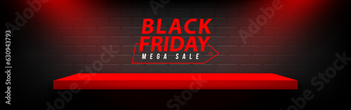 Red Shelf with Spotlight on brick wall background.  Vector illustration.