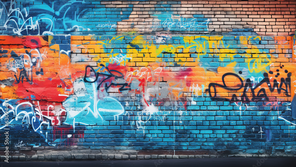 Fototapeta premium Urban brick wall covered with graffiti
