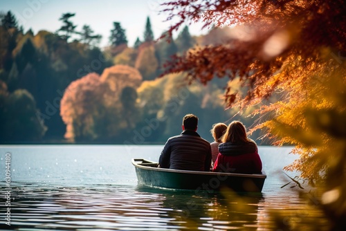 Back view of family on rustic boat taking a ride on a like during autumn season on a sunny day