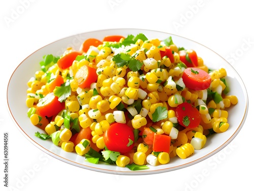 corn and other vegetables in a plate on a white background.