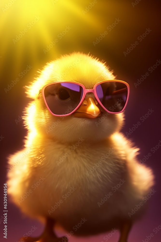 Cute little chicken in sunglasses on dark background. Easter concept.