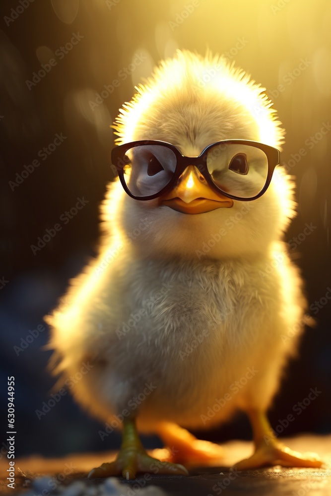 Cute little chicken in glasses on blurred background, close-up