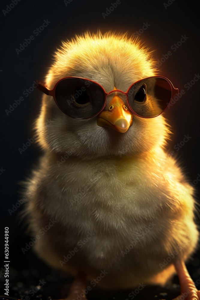Cute little chicken in sunglasses on dark background. Fashionable chick.