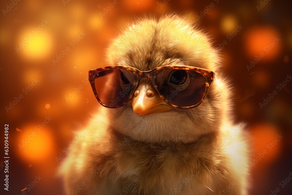 Cute little chick with sunglasses on a bokeh background.