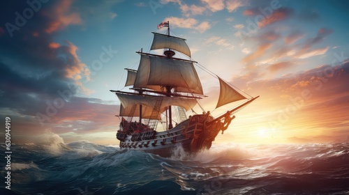 Fotografiet Illustration of Christopher Columbus' ship crossing the ocean
