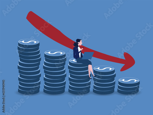 Economic recession, financial crisis or stock market crash due to COVID-19  pandemic concept, unemployed businesswoman investor or business owner sitting on falling down bar graph, red arrow.