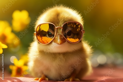 Cute little chicken with sunglasses on blurred spring background, closeup