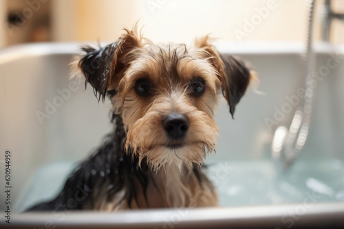 Cute yorkshire terrier taking a bath in a bathtub