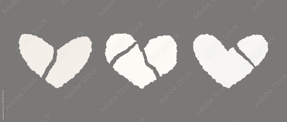 Torn in parts paper hearts. Collection of disrupted heart-shaped ...