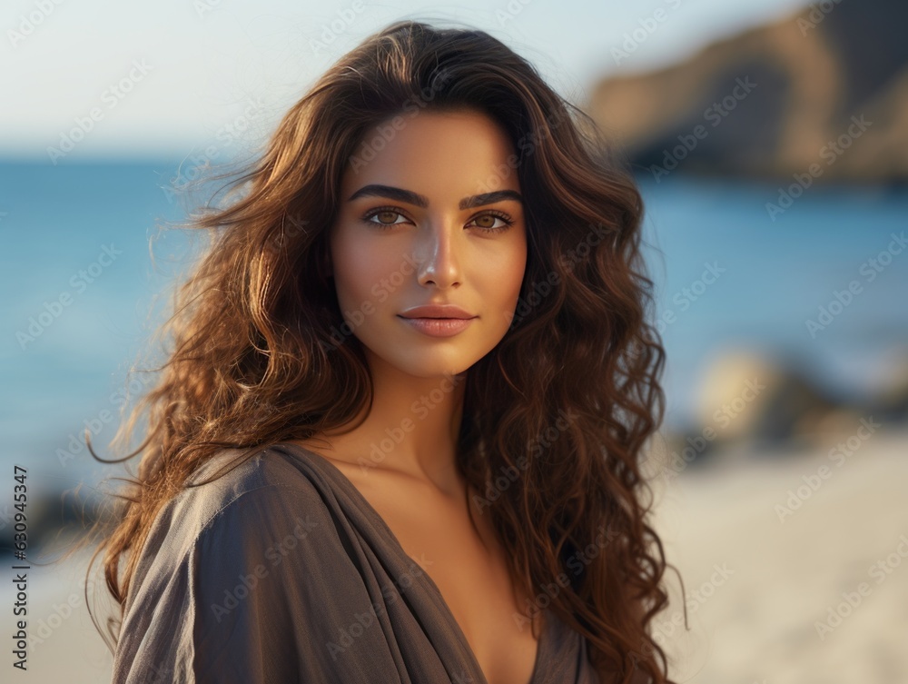 an alluring young woman of Middle Eastern origin strikes a captivating pose, with the gentle blur of people in the background adding to the scenic ambiance