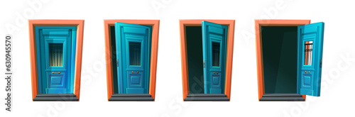 Vector cartoon style icon illustrations. Sprite animation for 2d game. Open and stages of closed door, house entry.