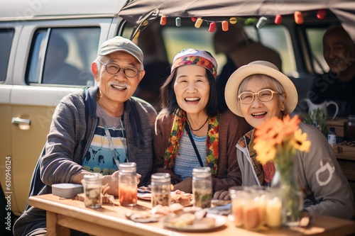 group Asian Chinese senior friends enjoy holiday beside campervan parked at paddy field