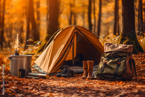 Tourists survival kit and camping tent in autumn forest, The concept of hiking in the autumn season © AspctStyle