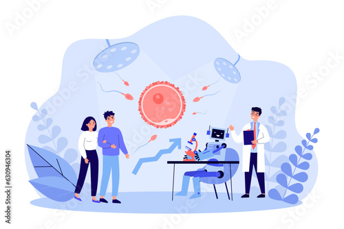 AI robot helping treat infertility vector illustration. Scientists studying spermatozoa, explaining treatment to happy couple wanting to produce children. Artificial intelligence, medicine concept