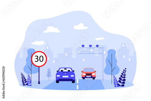 Drivers obeying speed level in city vector illustration. Road sign warning cars to move slowly to reduce level of accidents and air pollution. Transportation, safety, ecology concept