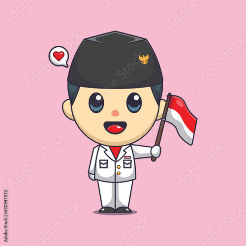 Cute flag raiser boy holding indonesian flag in indonesian independence day cartoon vector illustration.