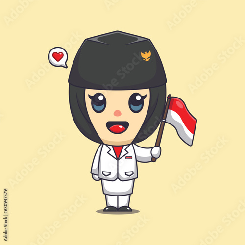Cute flag raiser hijab female holding indonesian flag in indonesian independence day cartoon vector illustration.