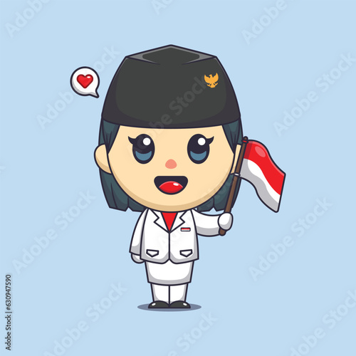 Cute flag raiser female holding indonesian flag in indonesian independence day cartoon vector illustration.