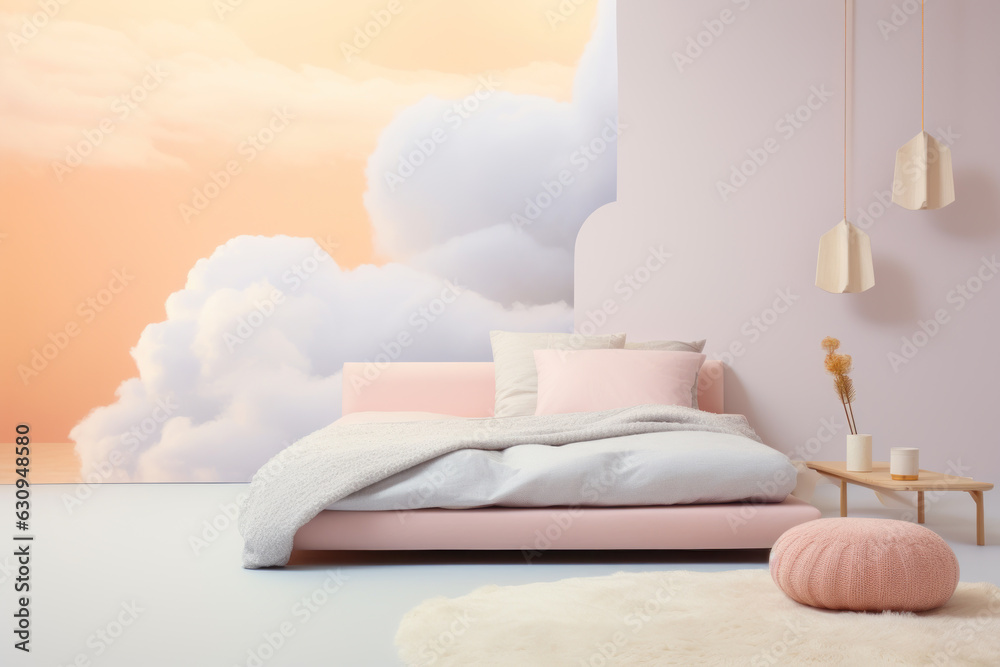 Bedroom in doll pastel pink and blue tones on the clouds. Bedroom in doll pastel pink and blue tones on the clouds.