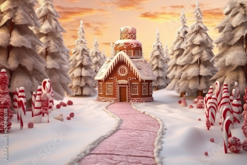 Gingerbread house in a forest of gingerbread trees. Christmas card.