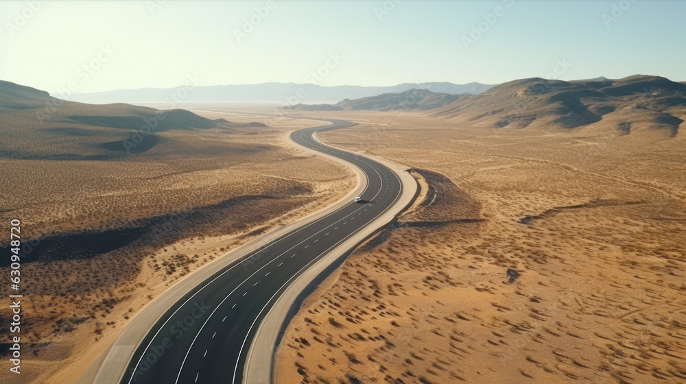 Fototapeta premium Highway in the desert from a bird's eye view.