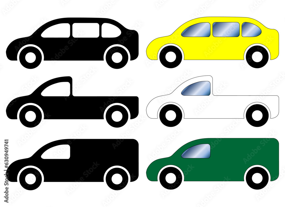 Fototapeta premium set of car and vehicle icons in color and silhouette
