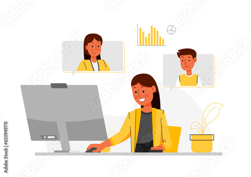 Office woman meeting with her team on teleconference