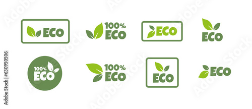 Eco, bio, organic, vegan and natural products sticker, label, badge and logo.  Ecology icon. Logo template with green leaves for organic and eco  friendly products. Vector illustration © Maria