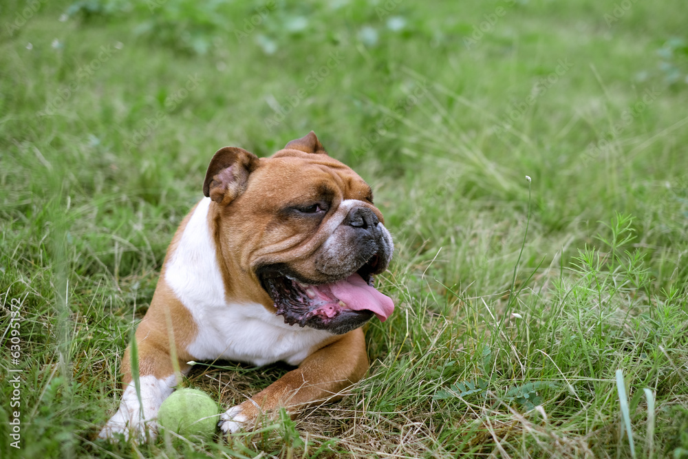 Portrait of English Bulldog lay lawn with ball toy. Dog resting on grass with his toy. Close up pet portrait