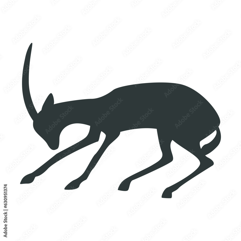 Obraz premium Black silhouette of antelope leaning down vector illustration. Drawing of silhouette of savannah animal in profile isolated on white background. Wildlife, nature, savanna, fauna concept