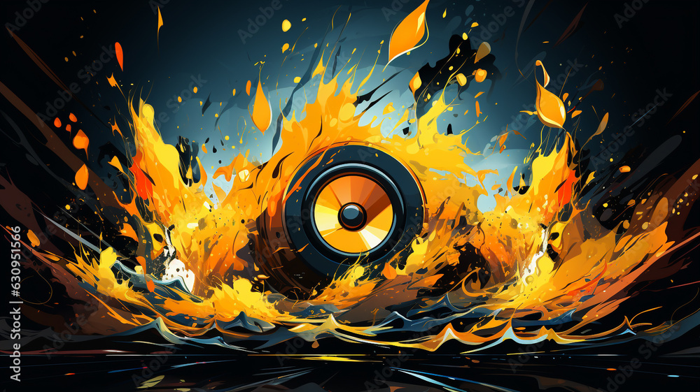 Obraz premium Sound Multimedia Soundsystem Hifi Audio Soundbox Lautsprecher Membran abstrakt gelber Style im Querformat. Generative Ai. 
