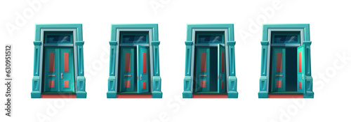 Vector cartoon style icon illustrations. Sprite animation for 2d game. Open old mansion door and stages of closed door, house entry.