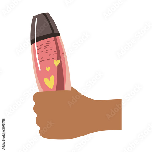 Female hand holding shampoo bottle vector illustration. Hand of women with cream shower gel product isolated on white background. Beauty routine, advertising, hygiene concept