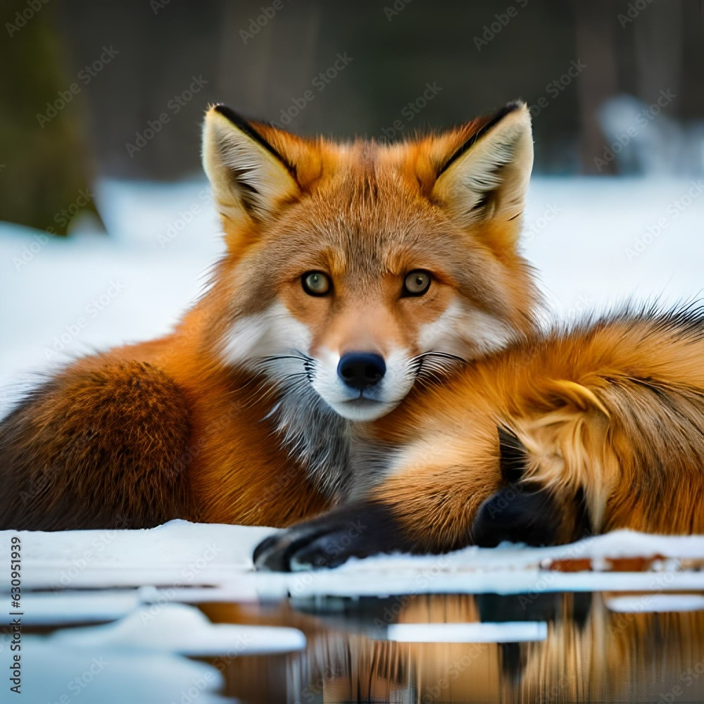 Fototapeta premium Cute fox with snow outdoors by generative AI