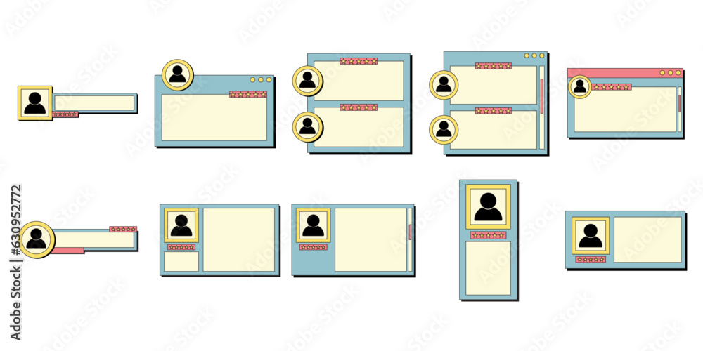 Set of testimonial box. Retro ui interface, browser.