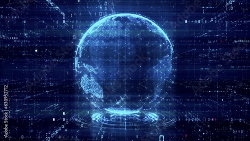 Looping 3D Cyberspace Animation Digital Planet Earth in Tunnel