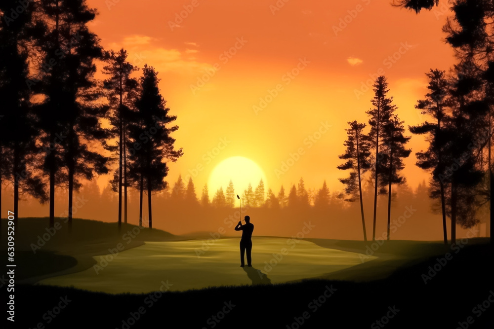 illustrated of Male golf player on professional golf course. Golfer with golf club taking a shot. Golfer hit sweeping driver after hitting golf ball down the fairway with sunrise background. Generativ illustrated of Male golf player on professional golf course. Golfer with golf club taking a shot. Golfer hit sweeping driver after hitting golf ball down the fairway with sunrise background. Generativ